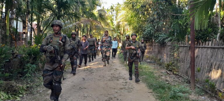 Assam Rifles patrolling along the NH-37 corridor in Jiribam district to enhance security.