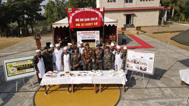 Participants presenting millet-based dishes during the cooking competition organized by Assam Rifles at Srikona Garrison on January 9, 2025.