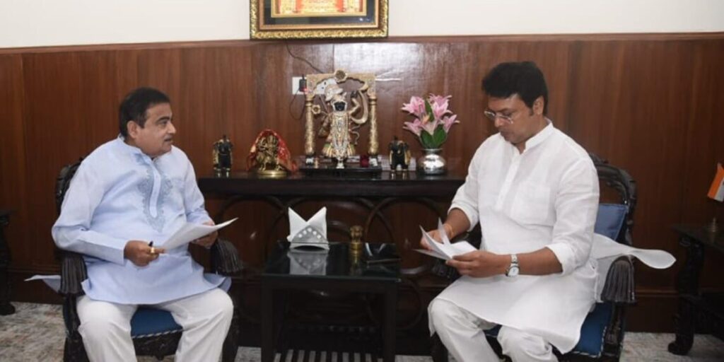 Gadkari and the Tripura MP spoke on the upkeep of the Assam-Agartala national route. Gadkari and the Tripura MP spoke on the upkeep of the Assam-Agartala national route.