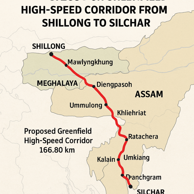 Map showing the proposed 166.80 km Greenfield High-Speed Corridor from Shillong to Silchar, passing through towns like Mawlyngkhung, Diengpasoh, Ummulong, Khliehriat, Ratachera, Umkiang, and Kalain in Meghalaya and Assam.