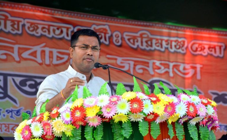 MLA Krishnendu Paul delivering a public speech during a political gathering in Ratabari.