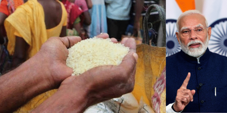 Government rice distribution under PMGKAY in Assam with personnel managing operations in rural green field setting