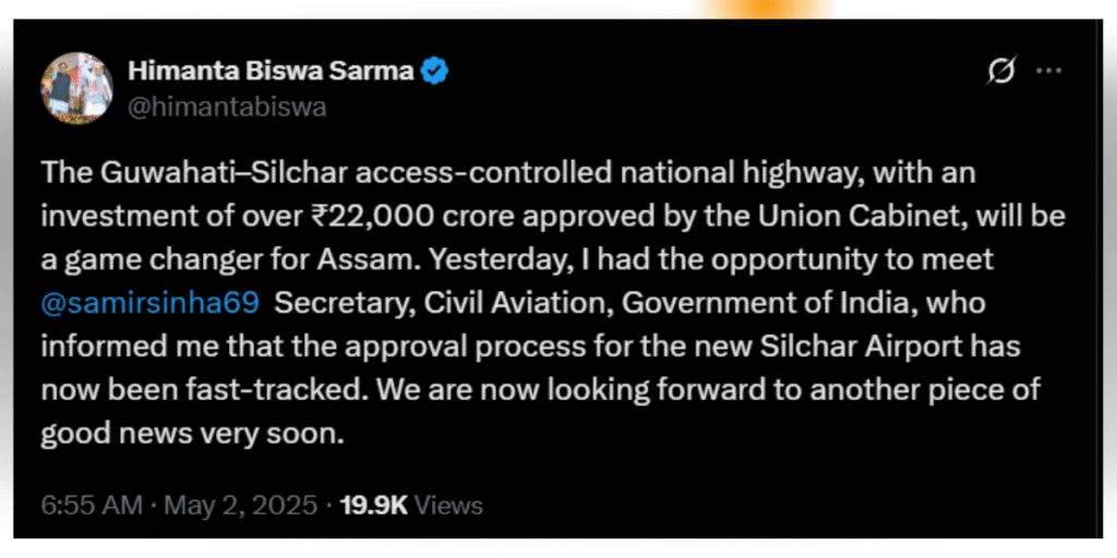 Massive Infrastructure Boost for Assam: ₹22,000 Crore Guwahati–Silchar Highway Project Approved; Silchar Airport Proposal Fast-Tracked