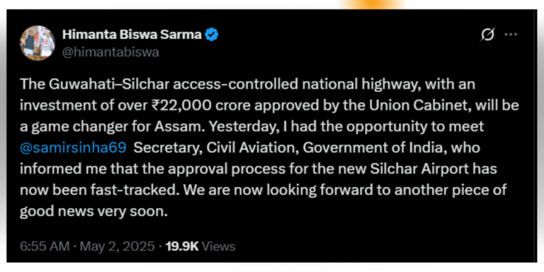 Screenshot of Assam Chief Minister Himanta Biswa Sarma’s tweet announcing ₹22,000 crore Guwahati–Silchar highway and update on Silchar Airport approval.