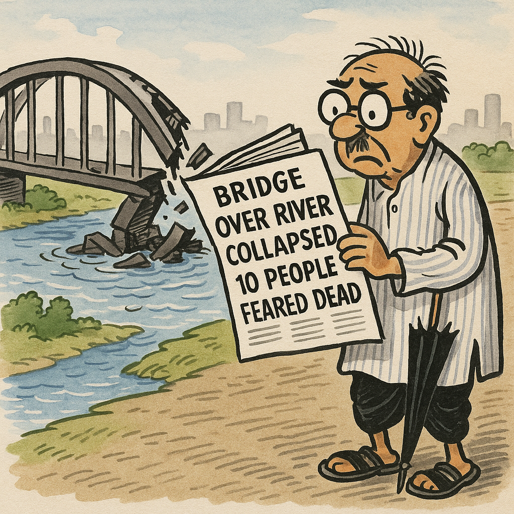 In Pune, a bridge over the Indrayani River collapses, leaving over ten people thought dead. In Pune, a bridge over the Indrayani River collapses, leaving over ten people thought dead.