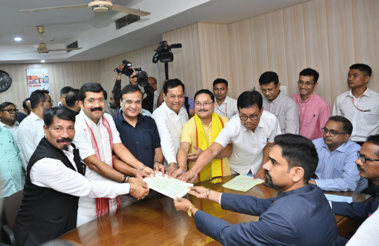 Kanad Purkayastha and Birendra Prasad with senior BJP leaders at nomination filing in Dispur