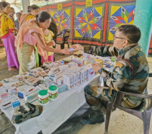Assam Rifles medical team conducting a free health check-up for villagers in Mongbung, Jiribam District.