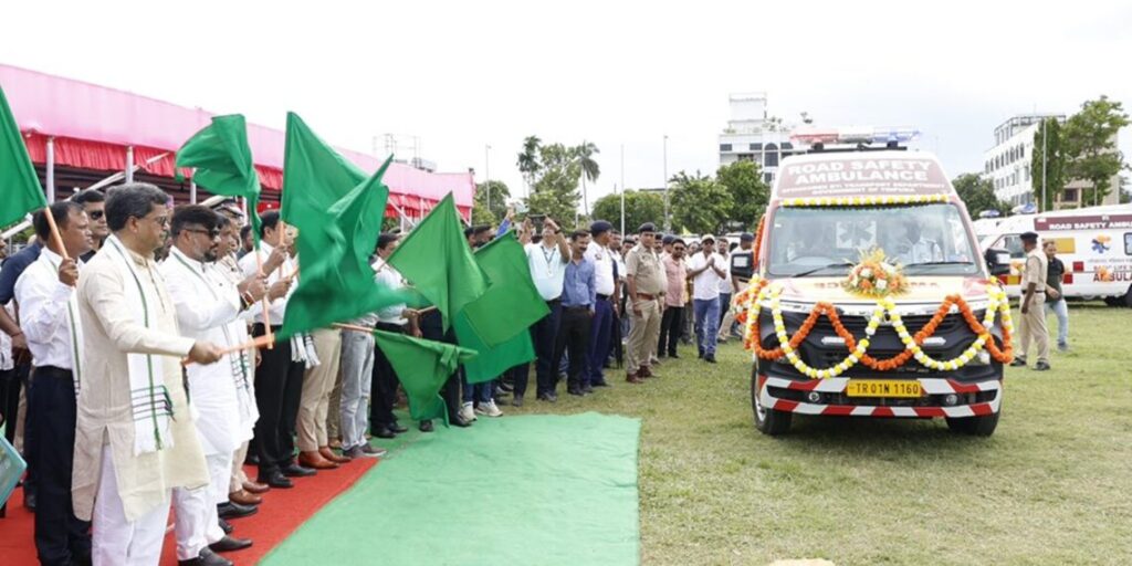 Tripura CM signals off new ambulances and introduces a vehicle tracking system.