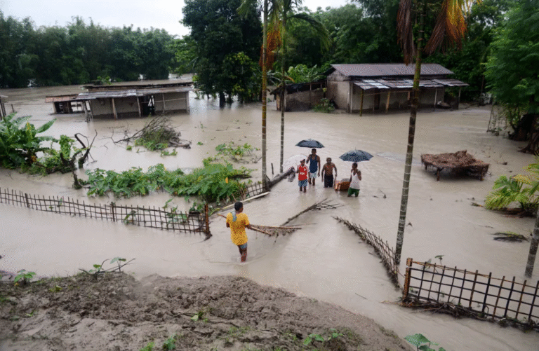 Flooded homes and farmland in rural Sonai, Assam