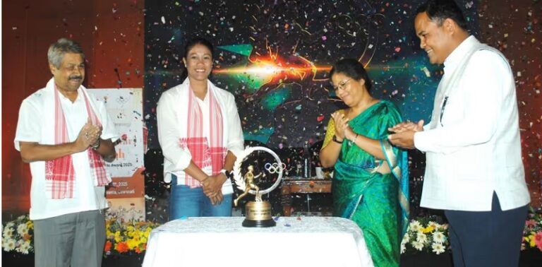 The Bhogeswar Baruah National Sports Award Trophy is unveiled by the Assam Olympic Association.