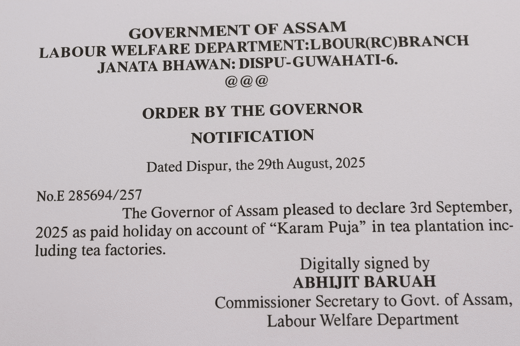 Assam Govt Declares September 3 as Paid Holiday for Karam Puja in Tea Plantations